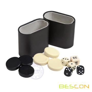 Backgammon Checkers, Dice & Two Genuine Leather Dice Cups-Black/Ivory 1 1/4"