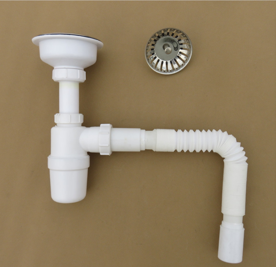 Escurridor de plástico blanco para lavabo de cocina y baño con colador y rebosadero, desagüe de lavabo y trampa para botella