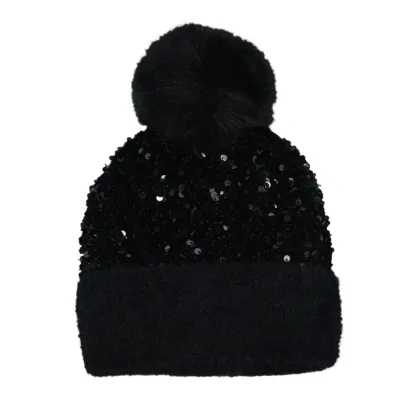 New Style Shiny Beads Warm Detachable Hairball Knit Hat