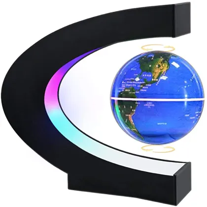 Glowing Floating Auto-Rotate Magnetic Levitation World Map Globe with C Shape Base