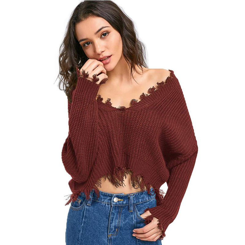 Women's V Neck Loose Knitted Sweater Long Sleeve