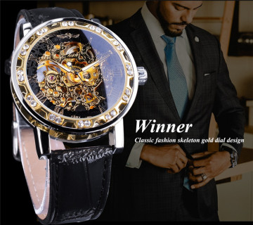 Classic Rhinestone Roman Analog Skeleton Mechanical Watch with Leather Band and