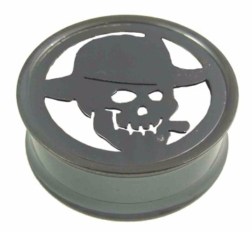 Black Acrylic Flesh Tunnel with logos and rim stones