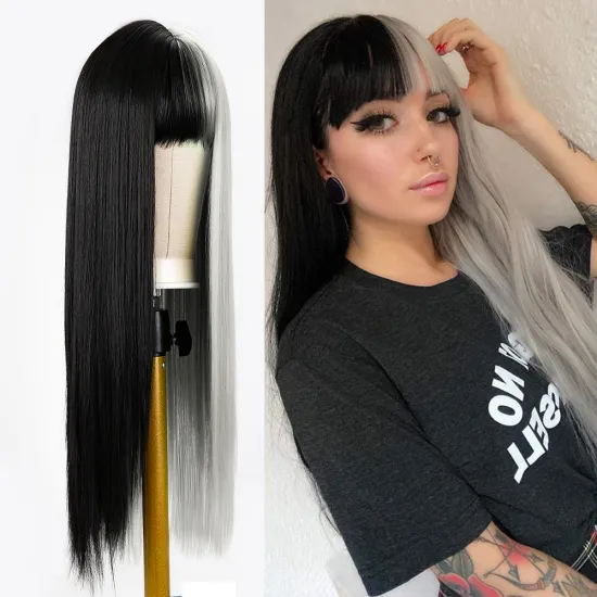AliLeader Mix Black/Colors Long Straight Wigs Synthetic Hair High Temperature Fiber Cosplay Wig 24inch Women Festive Party Wig