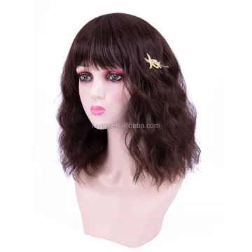 AliLeader Wavy Bob Wigs with Bangs Black Mixed Brown Color Short Wavy Bob Curly Wig Synthetic Natural Looking for Women