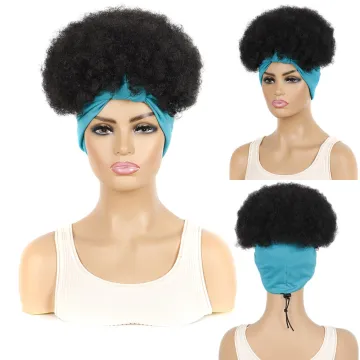 Ombre Short Black Kinky Curly Fluffy Turban Wigs Wrap  Heat Resistant Afro Synthetic Headband Attached Wigs For Black Women