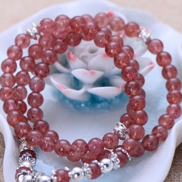 Strawberry Quartz Beads Strand Bracelet with Silver Charm