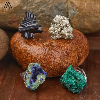 Raw Mineral and Natural Stone Men's Rings: Tourmaline, Malachite, Pyrite, Chessylite in Silver