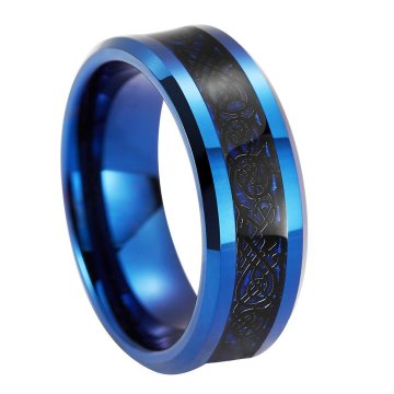 8MM Men's Titanium Ring with Blue Plated Black Carbon Fiber Inlay Beveled Edge Wedding Band