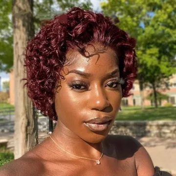 Wholesale Short Pixie Cut Curly Brazilian Human Hair Bob Wig 99j Red Burgundy Colored Transparent 13X4 Lace Frontal Wig