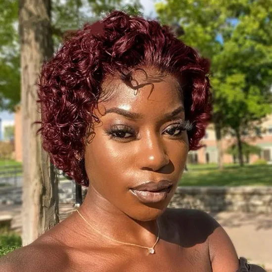 Wholesale Short Pixie Cut Curly Brazilian Human Hair Bob Wig 99j Red Burgundy Colored Transparent 13X4 Lace Frontal Wig