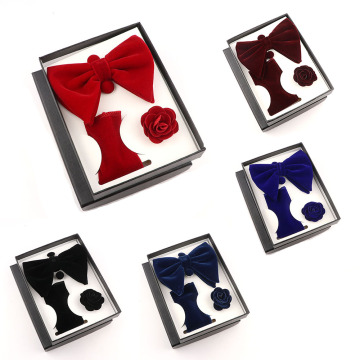 Boîte cadeau de costume en velours doré pour hommes: nœud papillon en daim, broche, écharpe carrée et serviette de poche