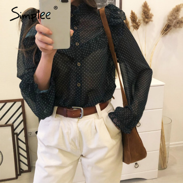 Simplee Vintage ruffled women blouse shirt Elegant dot print buttons female tops shirts Autumn spring office ladies work blouses