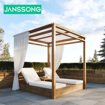 Janssport Contemporary Teak Patio Set with High Performance Fabric Sunbed and Shade Structure