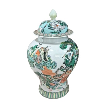 Antique Hand Painted Doucai Porcelain Temple Jar with Eight Immortals Design