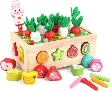モンテッソーリの教育的な木製の農場の果物と野菜の形は、子供のための釣りトロリーのおもちゃの一致する
