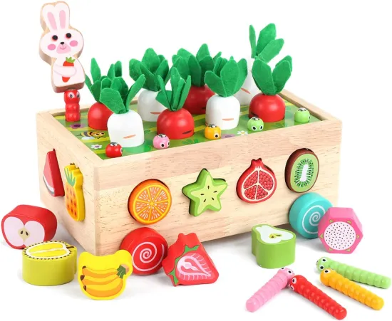 Montessori Educational Wooden Farm Fruits and Vegetables Shape Matching Fishing Trolley Toy for Kids