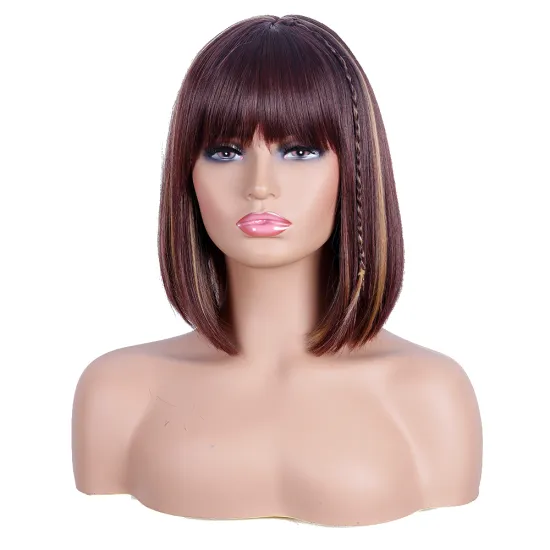 Wholesale Brown Bob Wigs for Women Highlights Blonde Straight Hair Short Bob Wig with Bangs Heat Resistant Synthetic