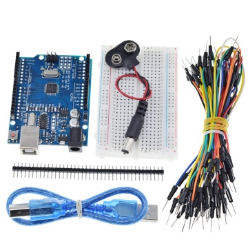 Kit starter per Arduino Uno R3: il pacchetto include la scheda UNO R3, la breadboard, i fili dei jumper, il cavo USB e il connettore a batteria 9V