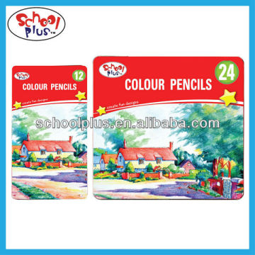 Popular multi color pencil packed in metal box 12/24pcs stationery set