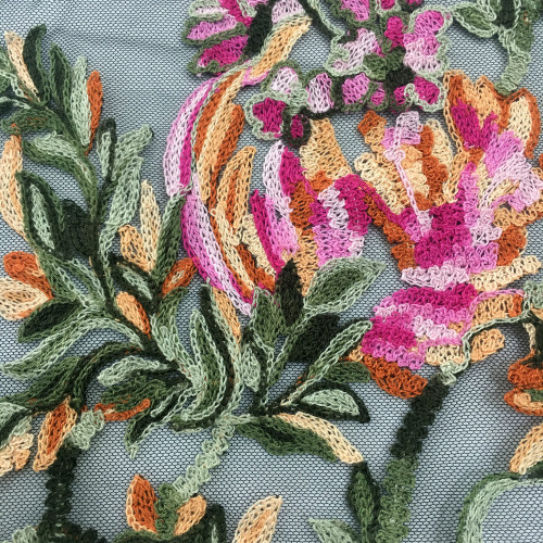 Multicolor Rayon Yarn Embroidery On Nylon Mesh