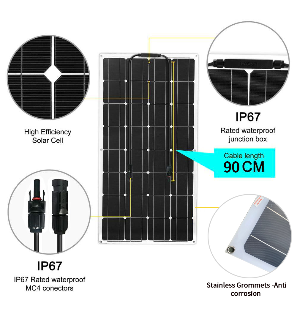 1PCS 18V Flexible Solar Panel 100W For 12V Battery System Charger Kit Mono Motorhomes Boats Cars Roof