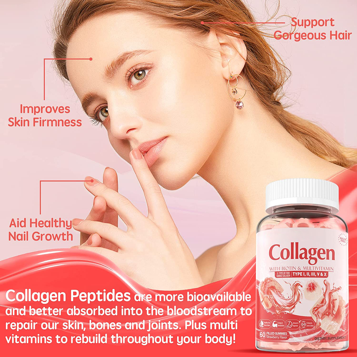 OEM/ODM Vegan Biotin & Multivitamin Collagen Peptide Gummies with Bird's Nest Skin Care Whitening