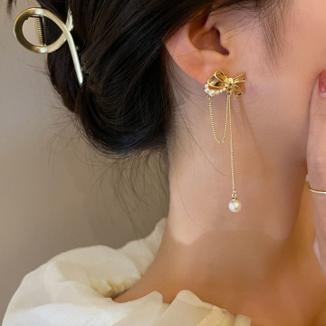 E-0899 Wholesale Retro Fashion Bowknot Pearl Earrings 925 Silver Jewelry