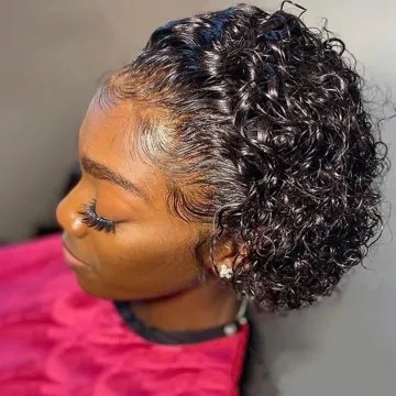 Brazilian Curly Pixie Cut Wig, Human Hair Short Water Wave Bob Wig, 13x1 Lace Human Hair Wigs Brazilian Transparent Lace  Wigs