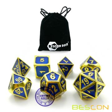 Bescon Deluxe Golden and Blue Enamel Solid Metal Polyhedral Role Playing RPG Game Dice Set (7 Die in Pack)