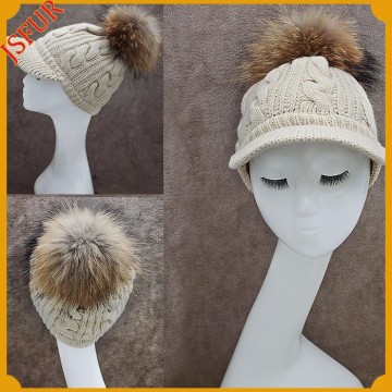 Wool knit hat with real raccoon fur pom poms winter hat
