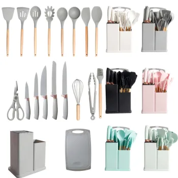 Custom 19-Piece Silica Gel Kitchen Utensil Set with Wooden Handle