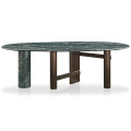 Mesa de comedor ovalado de mármol verde con pies de madera