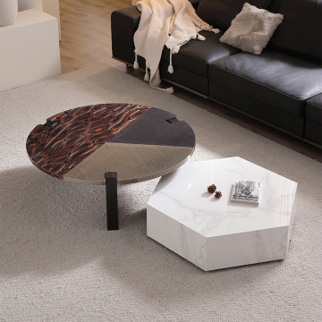 Luxus moderner Hersteller Holzfurnier Muster Rundmitte Tisch Sintered Stone Couchtisch Set Set