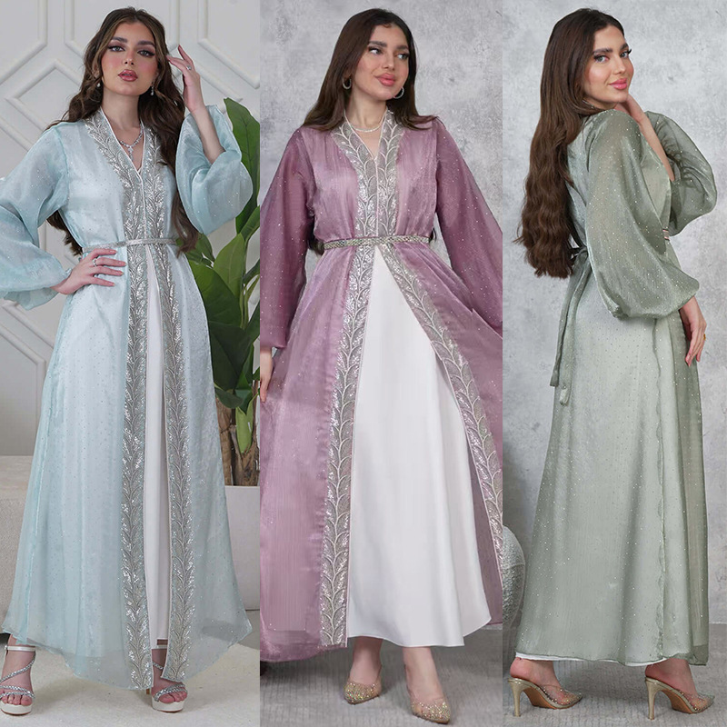 Elegant Rhinestone Puff Sleeve Three Piece Open Abaya Set