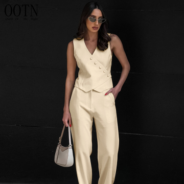 Women's Cotton Linen Sleeveless V Neck Top & Pleated Long Pants Summer Suit Set - Black