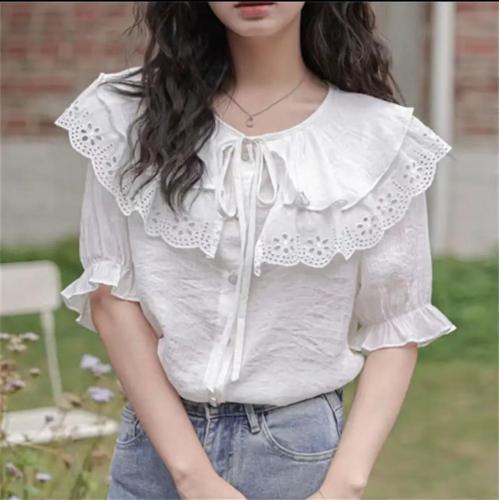 Women's blouses, irregular hem, cutting shirt collar with beading