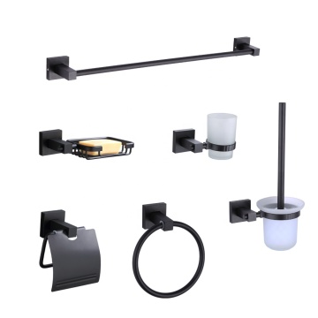 Matte Black Bathroom Accessories Set: Wall Mount Towel Bar, Ring, Toilet Paper Holder, Toothbrush Cup