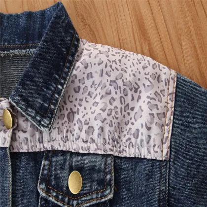 denim jacket kids blue stitching leopard print lapel jacket denim jacket for girls