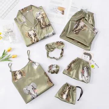 2022 New Women's Cartoon Printed Silk Pajama Set with Cami, Shirt, and Eye Mask