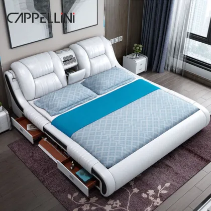 Modern Smart Leather Bed King/Queen Size with Multifunctional Luxury Features