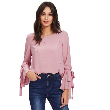 Frauen Perlen Long Glockenhülse Chiffon Bluse Tops