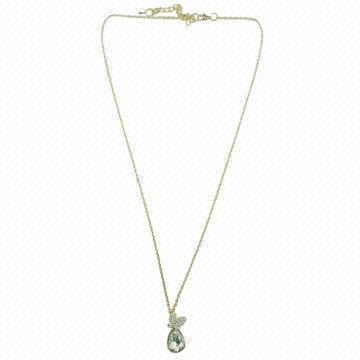 Elegant Teardrop Pendant with Fine Gold Chain and Clear Glass Stone, Unique Design