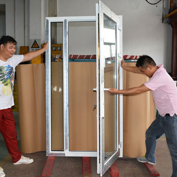 CE S60 UPVC Casement entry door with fixed panel, double tempered hollow glass, 1.5mm steel