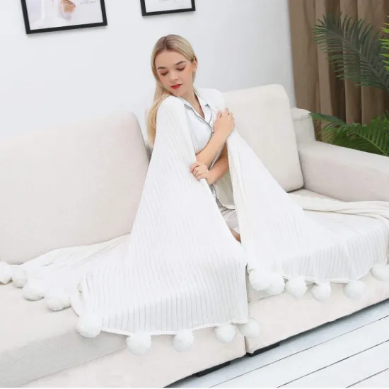 White Throw Knit Blanket with Pom Poms Fluffy Plush Soft Cozy Warm Cover Decorative Cotton Blanket for Sofa Bed Couch