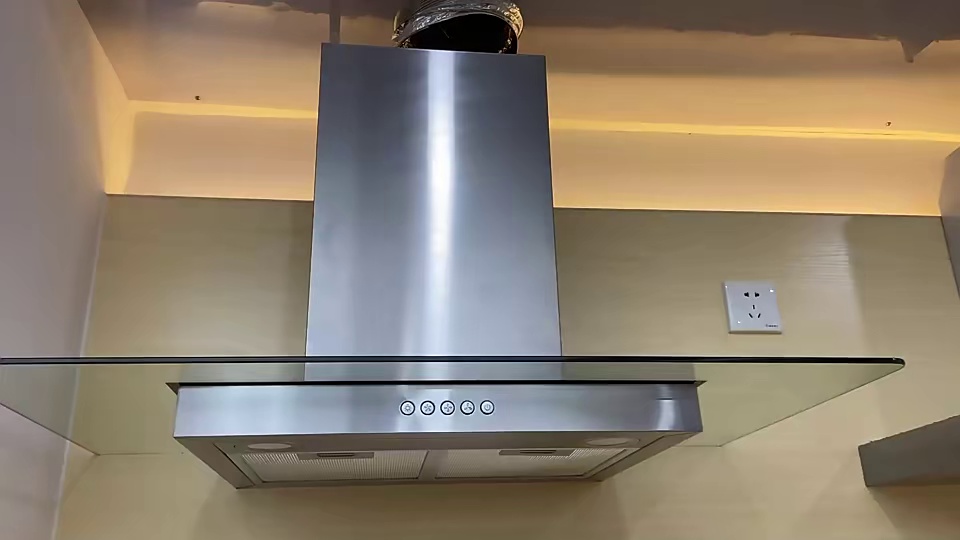 90 cm Wall Mounted Stainless Steel+Tempered Glass Island Chimney 30 Inches Range Hood Kitchen Smoke Extractor