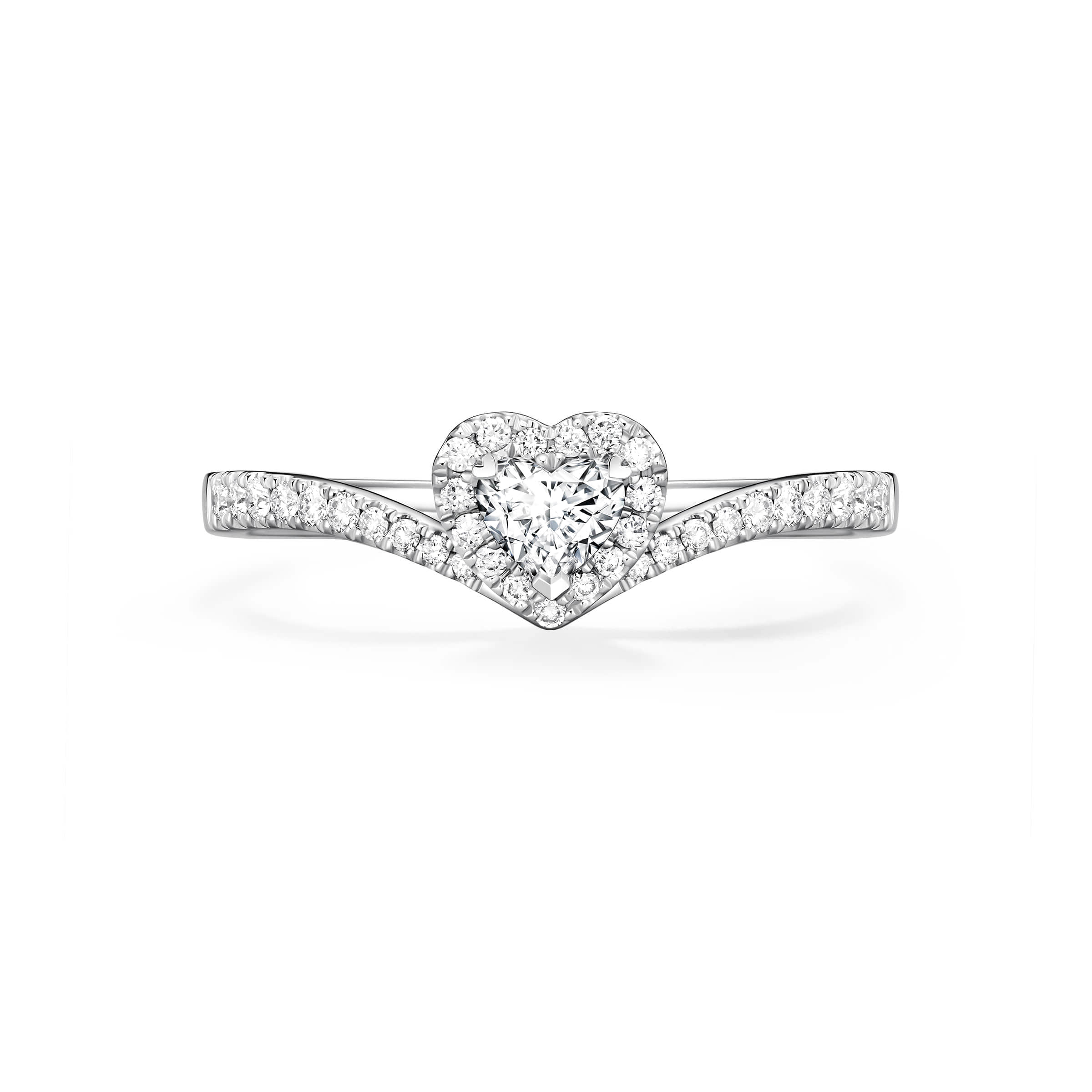 Lab Grown Heart Cut Diamond Halo Ring na may Chevron V-Shaped Pave Band Front View