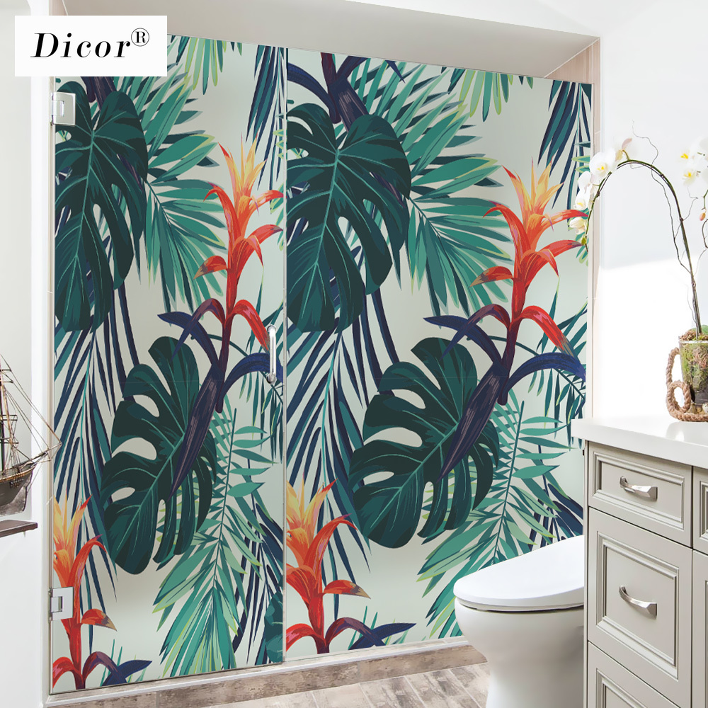 DICOR INS Style Popular Window Decorative Film Leaves Flowers Rainforest Glass Sticker Green PVC Frosted Privacy Films Decal New