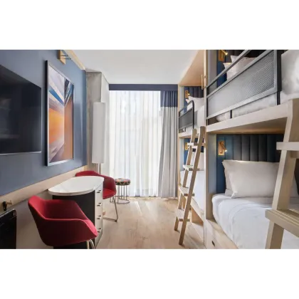 Luxury Guestroom Sets: Motto by Hilton Stylish Micro Hotel Bedroom Furniture Bunk Beds