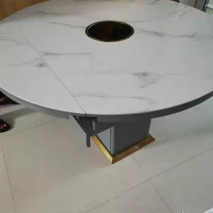 Extendable Round Folding Stainless Steel Tempered Glass Dining Table with Induction Cooker